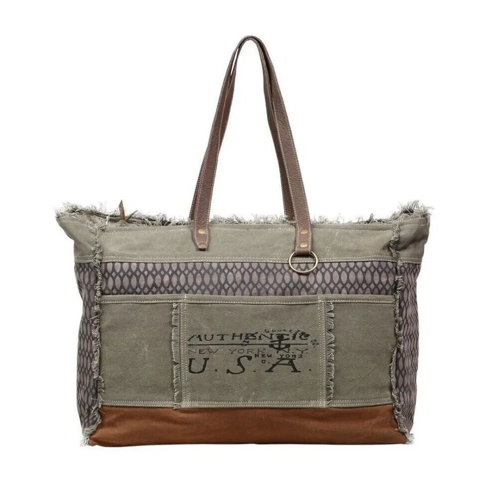 Myra Bag Handmade Honey Weekender Bag Upcycled Canvas & Cowhide Leather